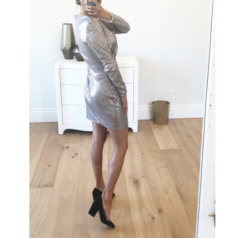 LAST 1! Silver Long Sleeve Sequin Surplice Dress S - Picture 7 of 8